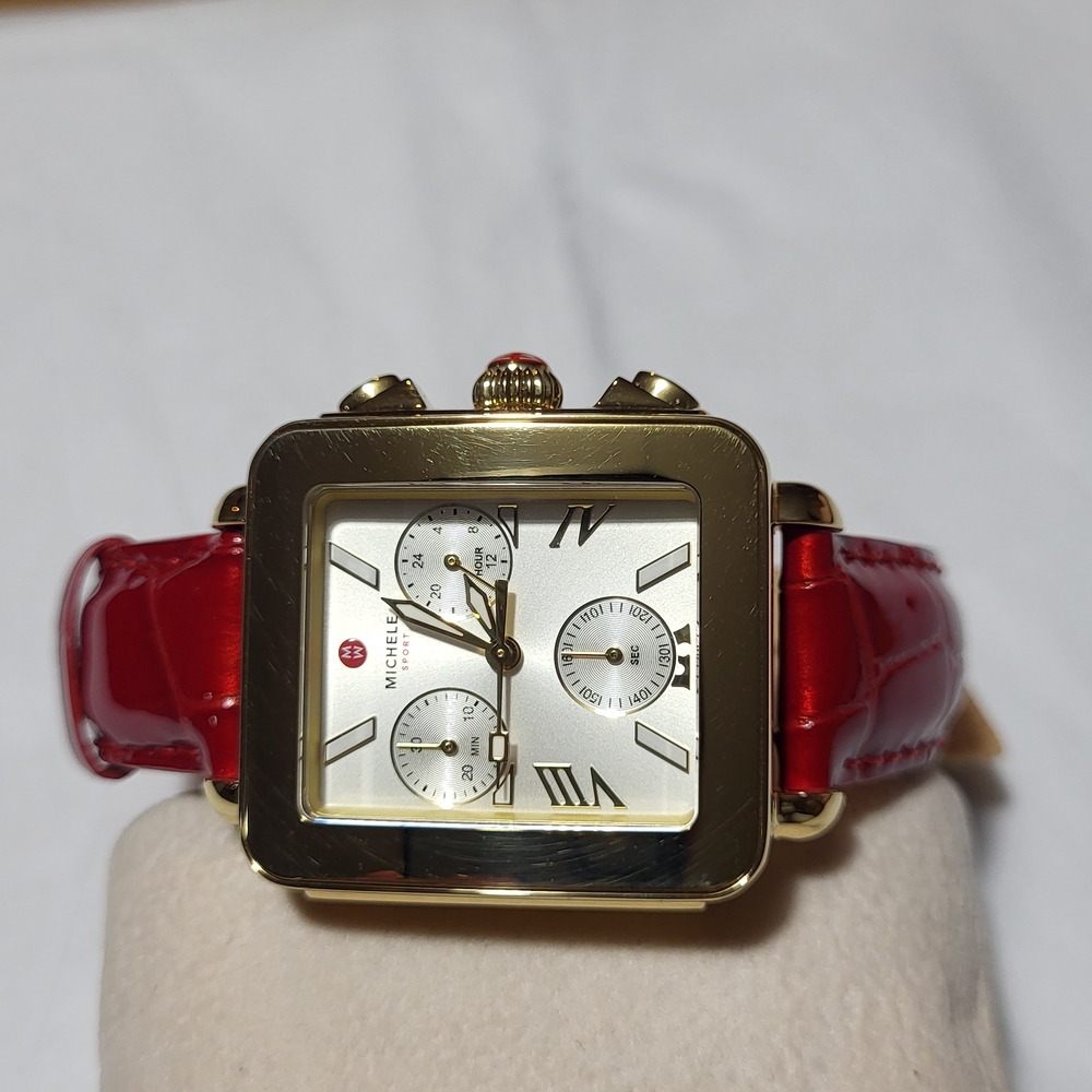 MICHELE Deco Square Gold-Tone with Red Leather Strap.Without original pack. #308